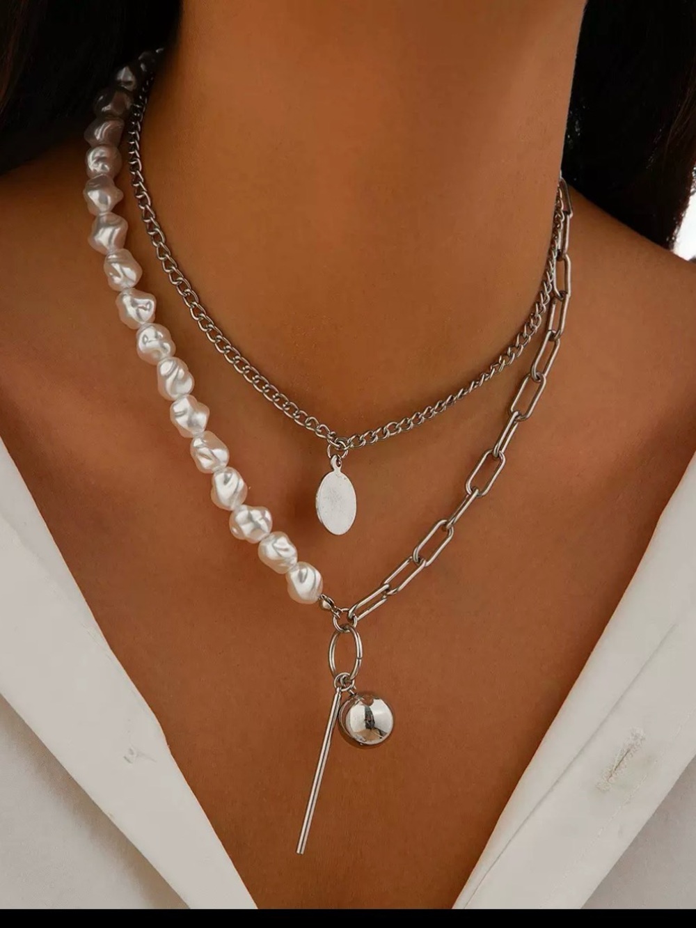 Multi-Strand Silver Chain and White Pearl Necklace Set